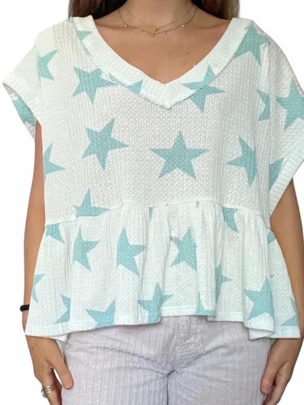 Altar'd State Mint Star Peplum V-Neck Top
